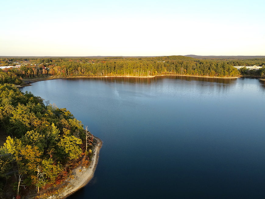 Aerial View of Serene Lake Surrounded by Autumn Forest