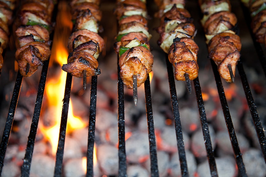 Grilled Chicken Kebab Skewers Over Charcoal Fire