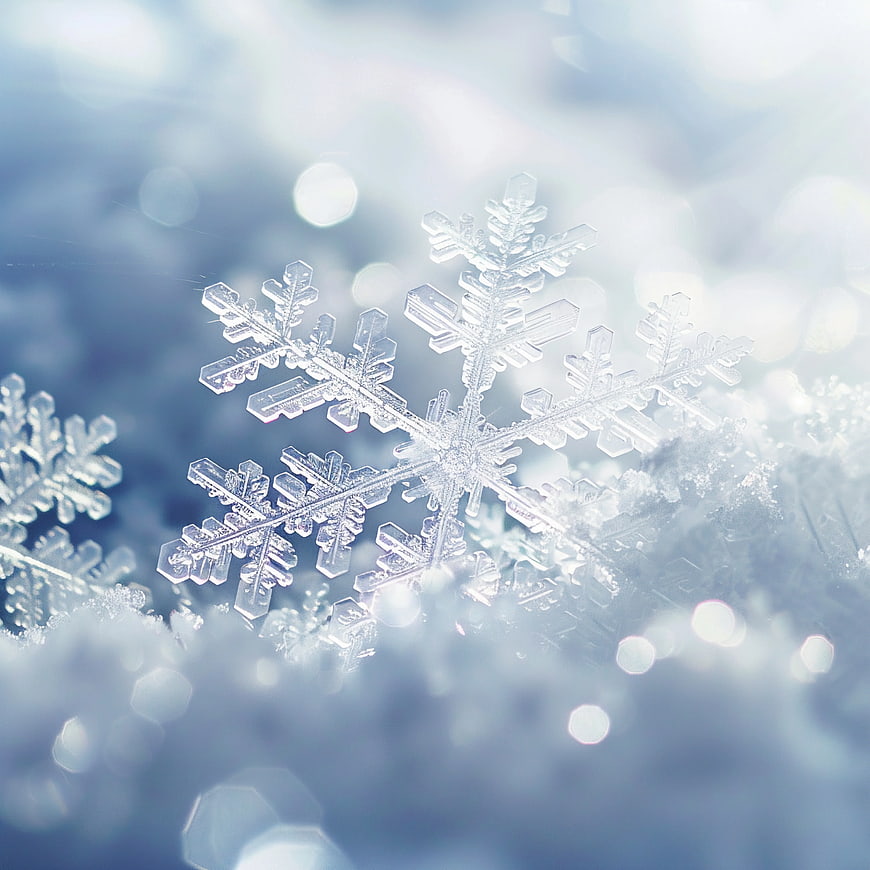 Macro Close-Up of Intricate Snowflake on Snow