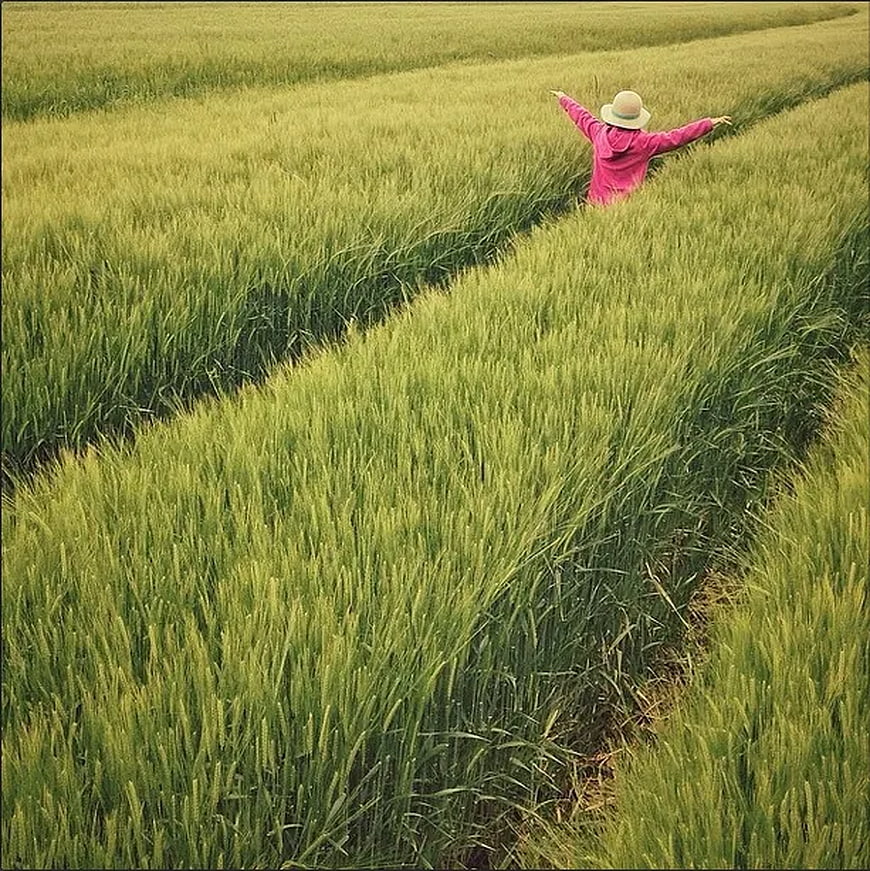 Woman in Pink Jacket Standing in Green Wheat Field