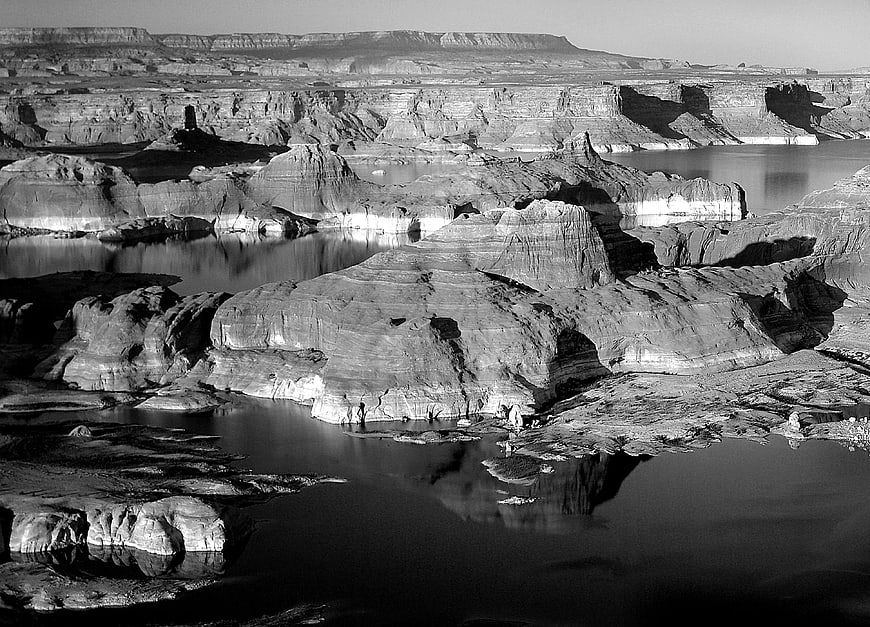 Black and white landscape of Lake Powell rock formations