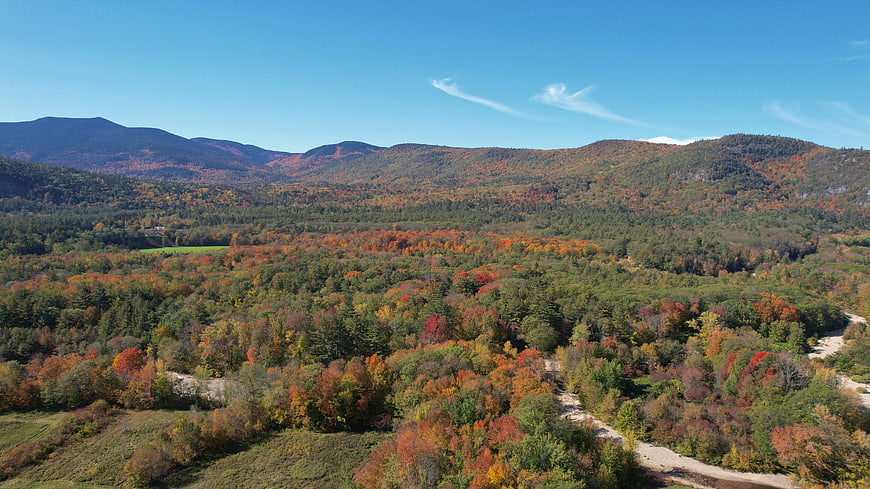 Aerial View of Colorful Autumn Forest and Mountains
