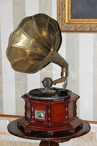 Vintage His Master's Voice Gramophone on Wooden Table