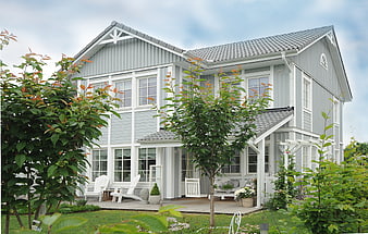 Modern Scandinavian Gray House with White Porch and Garden