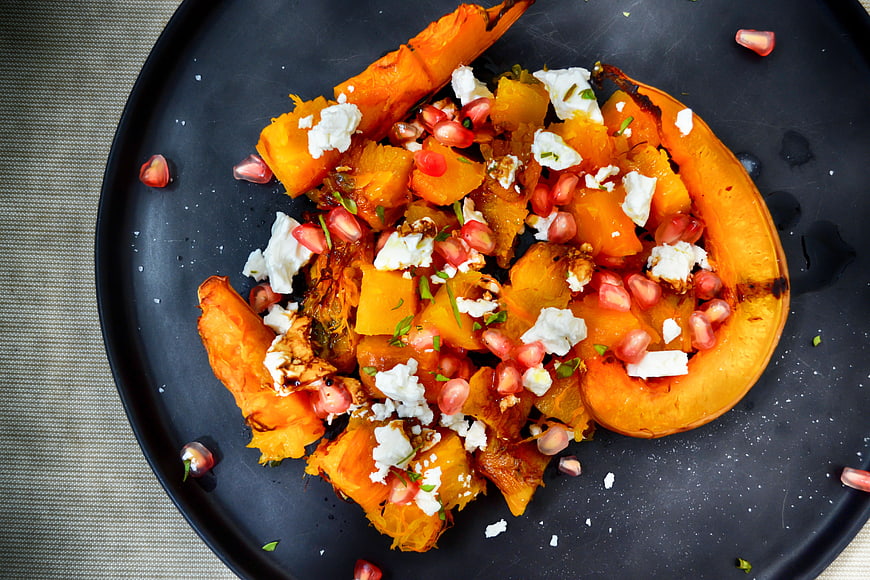 Roasted Pumpkin Salad with Feta and Pomegranate Seeds