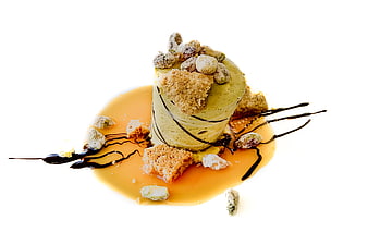 Gourmet Pistachio Dessert with Caramel Sauce on White Background