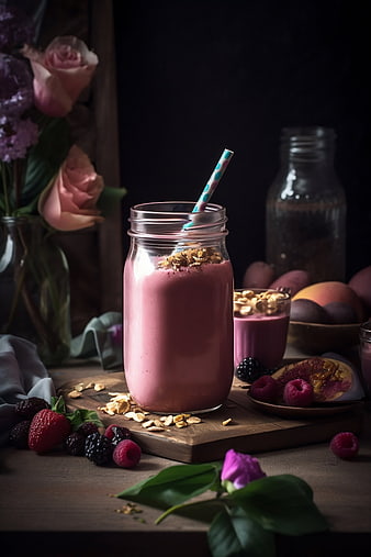 Pink berry smoothie in mason jar with fresh fruit and flowers
