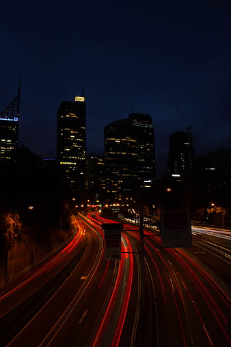 Long Exposure Night Traffic Light Trails in City