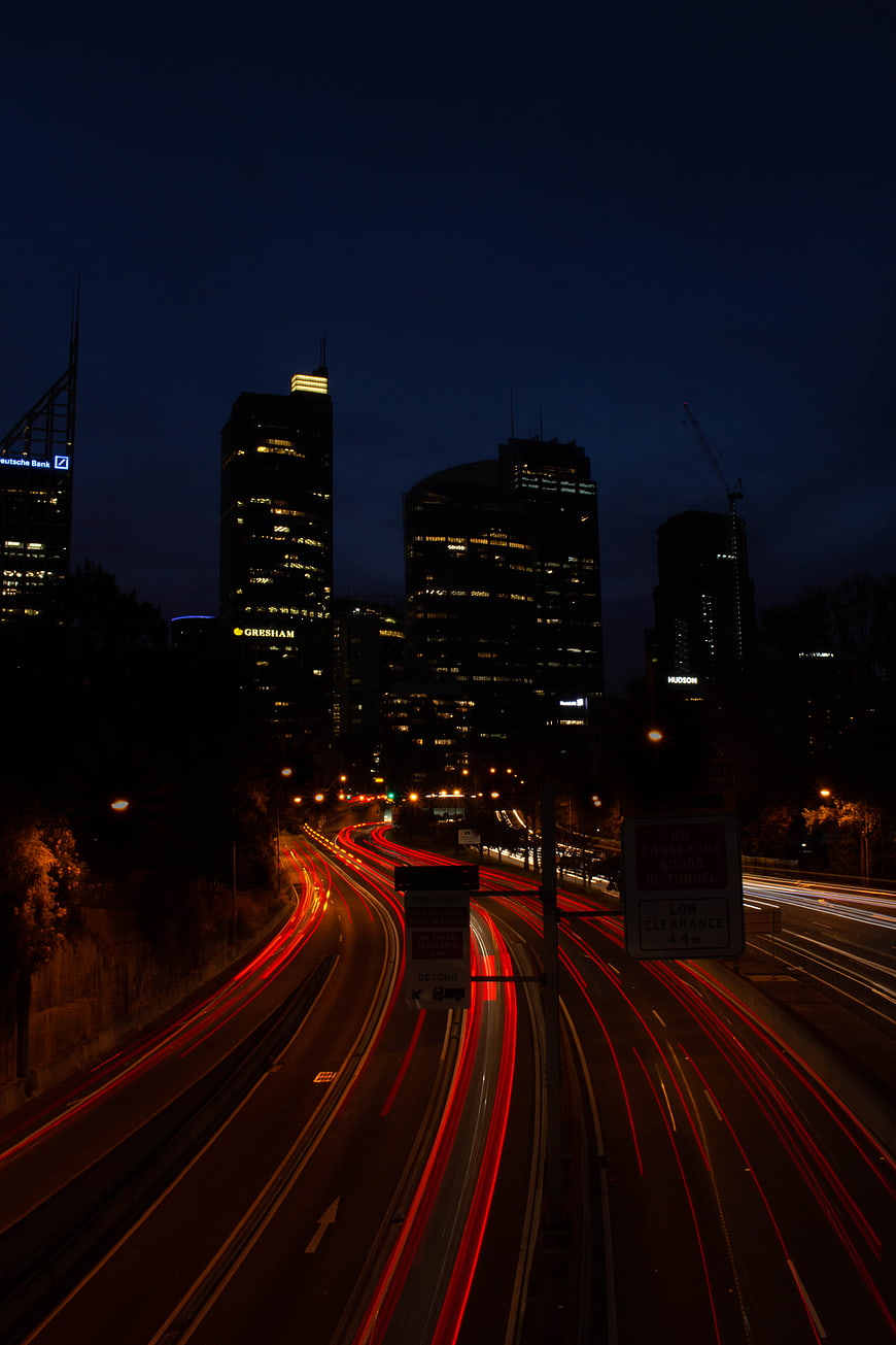 Long Exposure Night Traffic Light Trails in City
