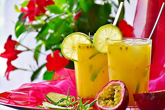 Refreshing Passion Fruit and Lime Juice with Flowers