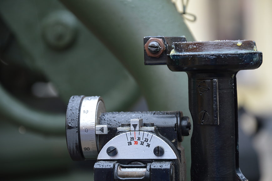 Close-up of vintage military artillery sight mechanism