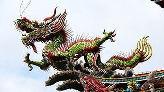 Colorful Chinese Dragon Sculpture on Temple Roof