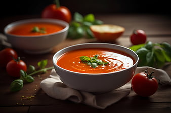Creamy tomato soup with fresh basil on rustic wooden table