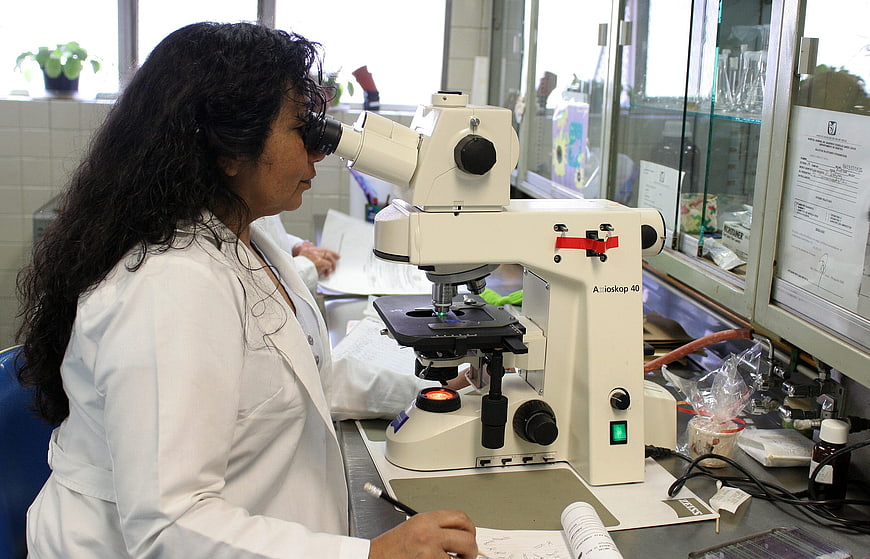 Female Scientist Using Microscope in Laboratory