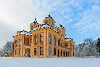 Colorful Baroque Palace in Snowy Winter Landscape