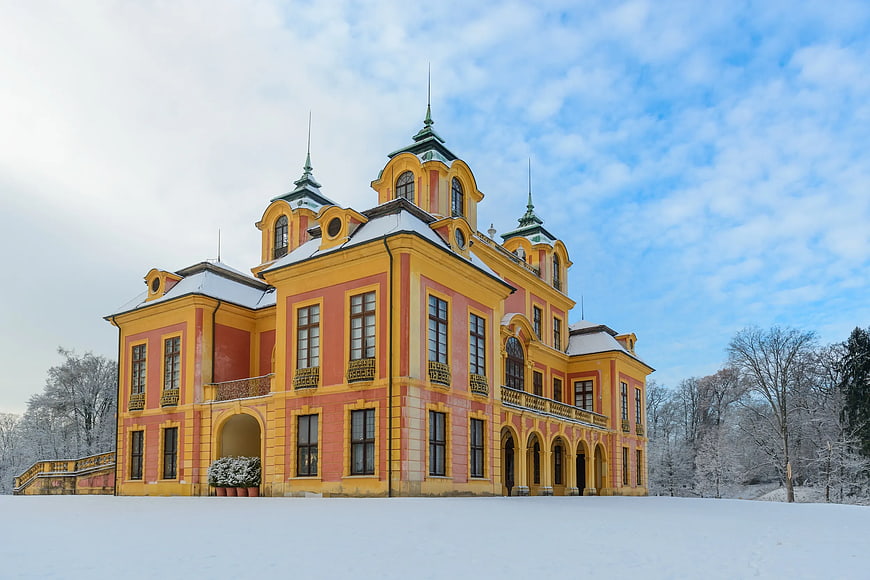 Colorful Baroque Palace in Snowy Winter Landscape