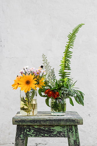Rustic Wildflower Arrangement on Weathered Wooden Stool