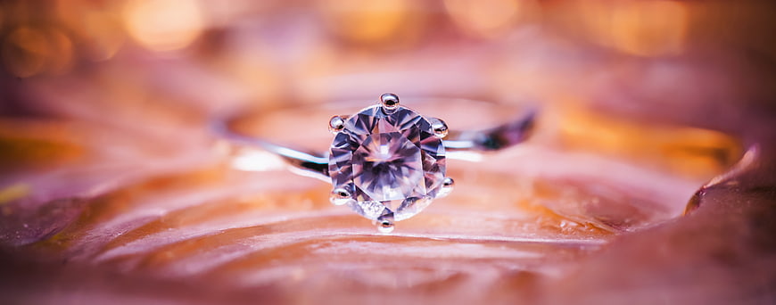 Close-up of diamond engagement ring on rose petals