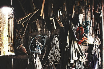 Rustic wooden shed interior with hanging tools and ropes
