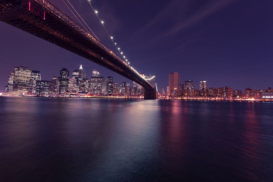 Brooklyn Bridge Night Skyline with City Lights Reflection