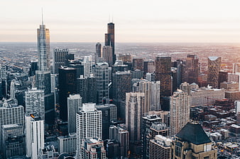 Chicago Skyline at Sunset with Skyscrapers and Urban Architecture