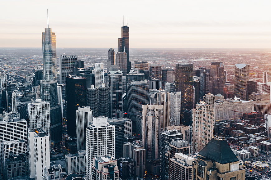 Chicago Skyline at Sunset with Skyscrapers and Urban Architecture
