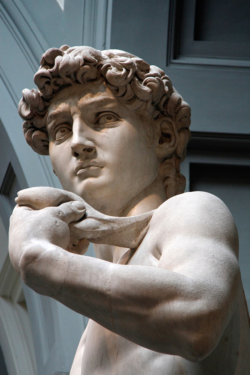 Close-up of Michelangelo's David marble statue head and shoulders