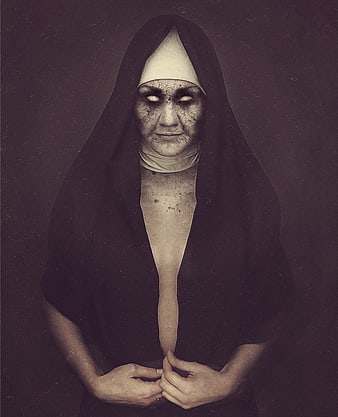 Dark Horror Portrait of Possessed Nun with Glowing Eyes