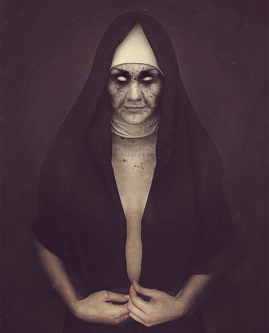 Dark Horror Portrait of Possessed Nun with Glowing Eyes