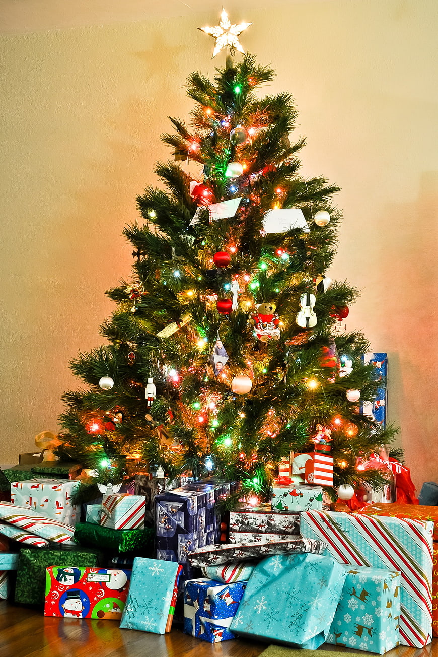 Decorated Christmas Tree with Gifts and Lights