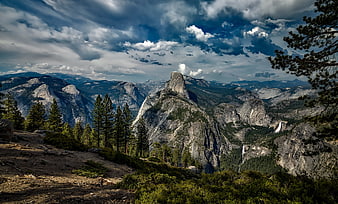 Dramatic Yosemite Valley Landscape with Half Dome and Waterfalls
