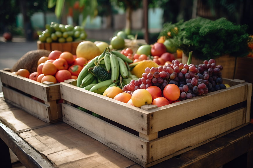 Fresh Assorted Fruits in Wooden Crates at Outdoor Market