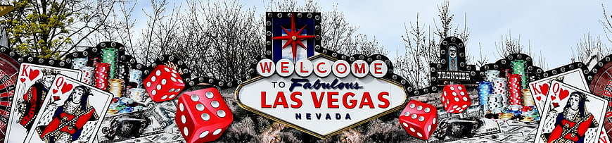 Las Vegas Welcome Sign With Casino Chips, Dice, And Playing Cards