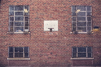 Miniature basketball hoop mounted on red brick wall