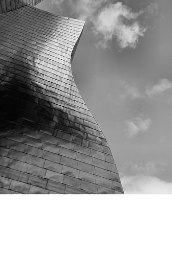 Black and white modern curved metal architecture against cloudy sky