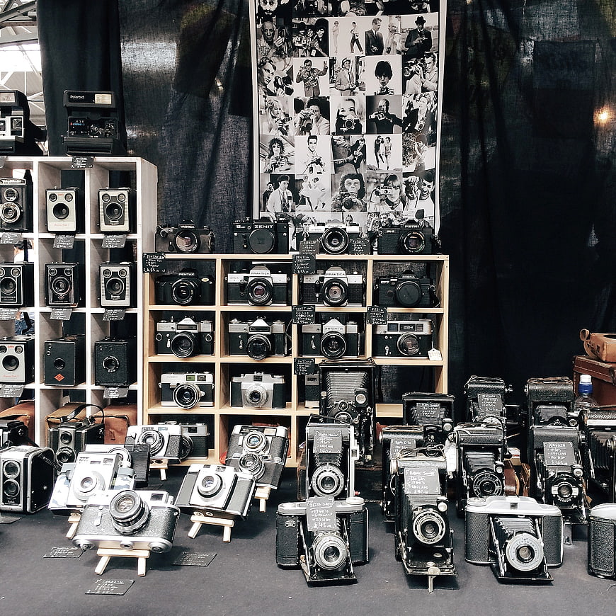 Vintage Camera Collection Displayed on Wooden Shelves