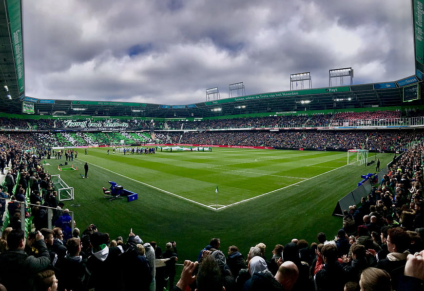 Wide view of Noordlease Stadium Groningen during a football match