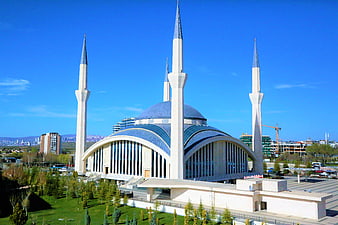 Modern Mosque with Blue Dome and Minarets