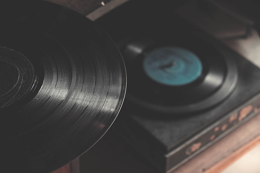 Close-up of vinyl record on vintage turntable