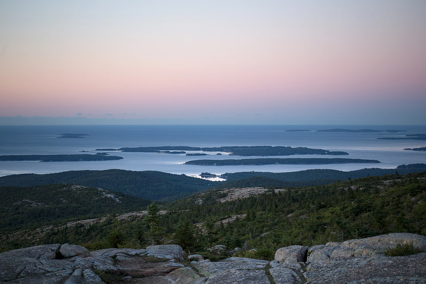Scenic coastal archipelago landscape at twilight from rocky mountain