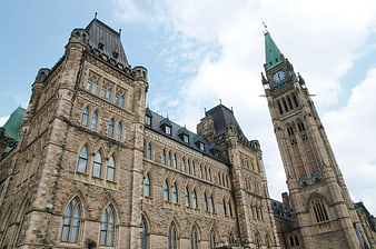 Low Angle View of Canadian Parliament Buildings and Peace Tower