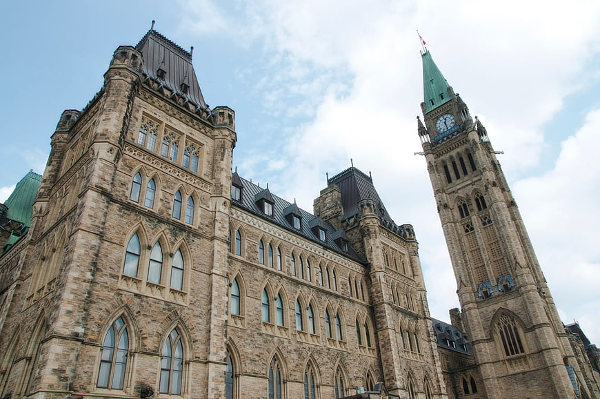 Low Angle View of Canadian Parliament Buildings and Peace Tower