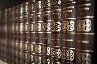Close-up of vintage encyclopedia book spines on shelf