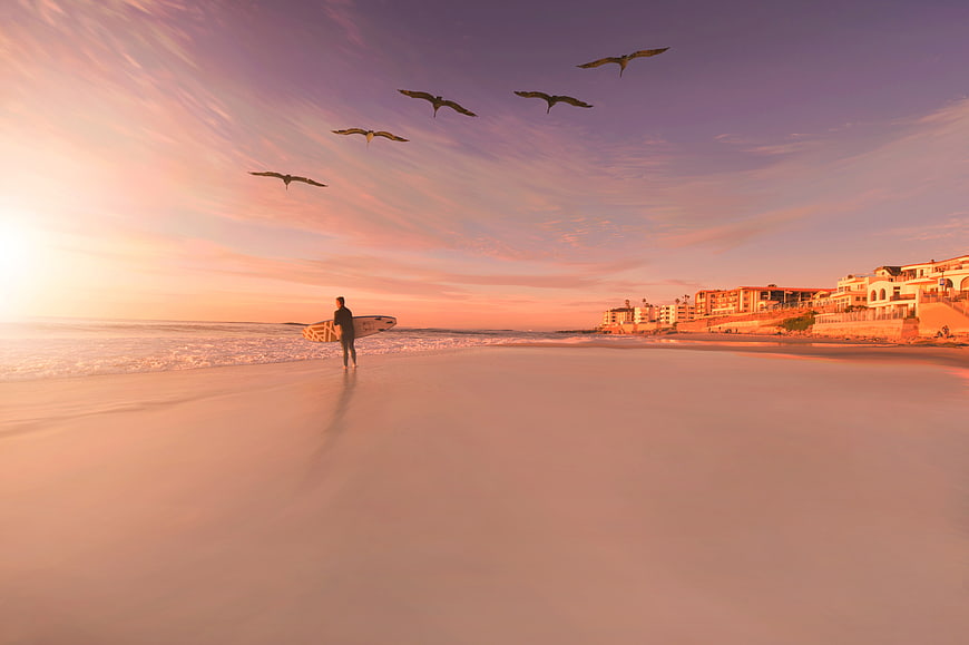 Surfer with board walking on beach at sunset with seagulls