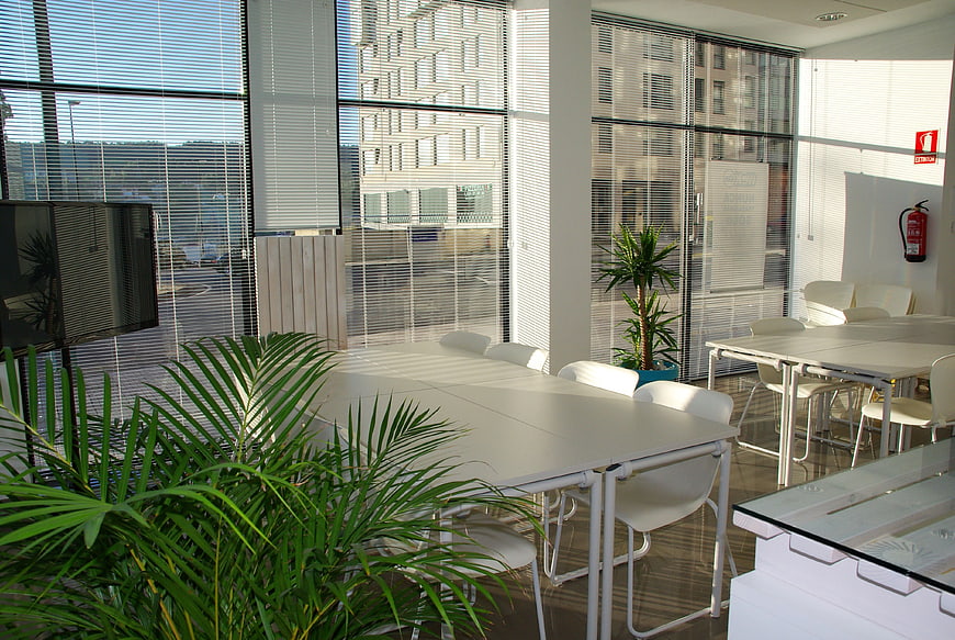 Bright modern office meeting room with white tables and plants