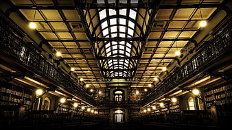 Grand Historic Library Interior with Arched Skylight and Bookshelves