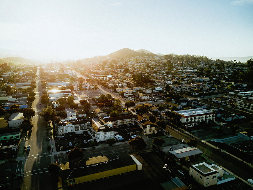 Aerial View of Residential Neighborhood at Golden Hour