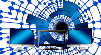 Three Computer Monitors with Digital Network Background