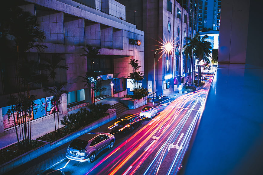 Long Exposure City Street Traffic at Night with Light Trails