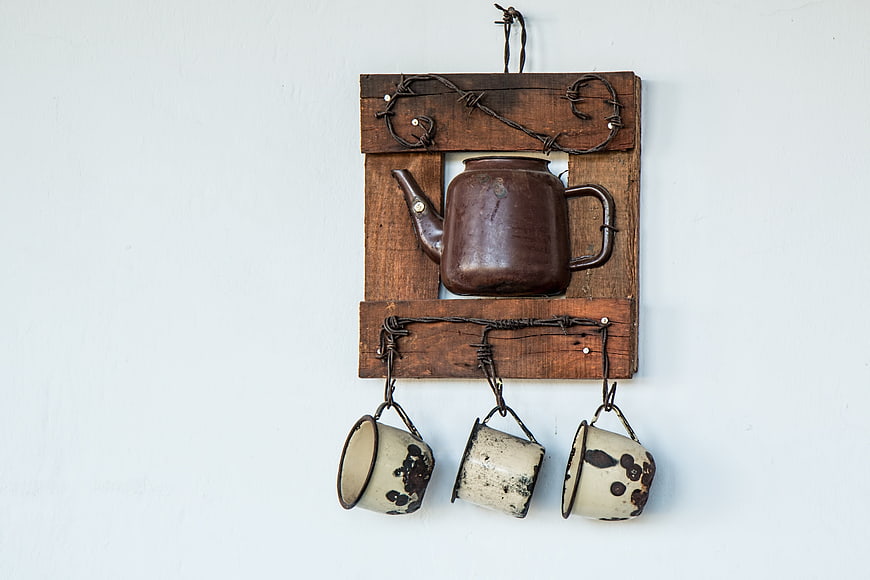 Vintage Rustic Wooden Wall Decor With Old Teapot And Tin Mugs